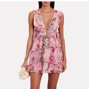 Rococo Sand Mist Mini Dress Multicolor Floral Print Pleated Plunging Neckline